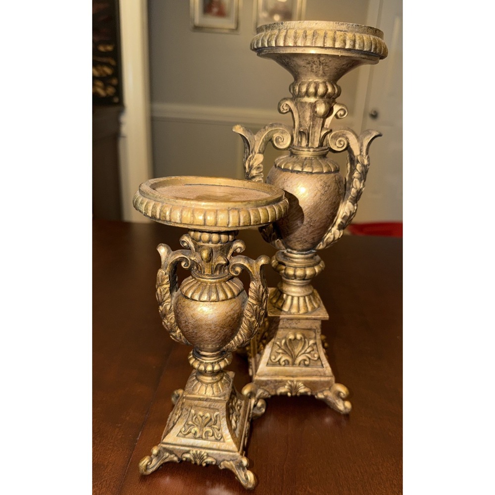 2 Beautiful Antiqued Gold Finish, PILLAR CANDLE HOLDER -8 " - 6 " TALL